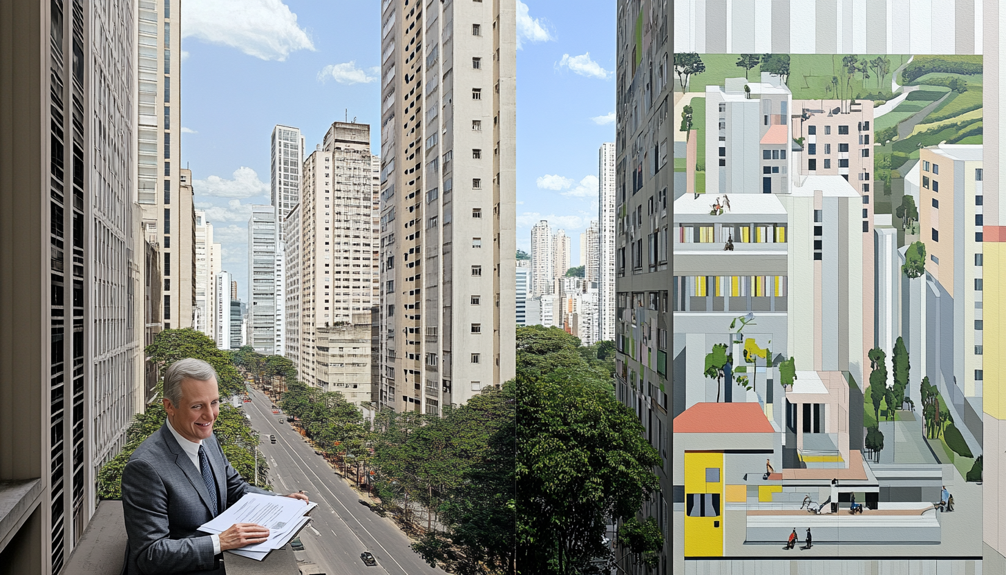 a picture of a smiling business executive carefully reviewing strategic documents in a sleek, modern office space, the scene shows a vibrant work environment with urban architecture and creative energy, in Sao Paulo Brazil