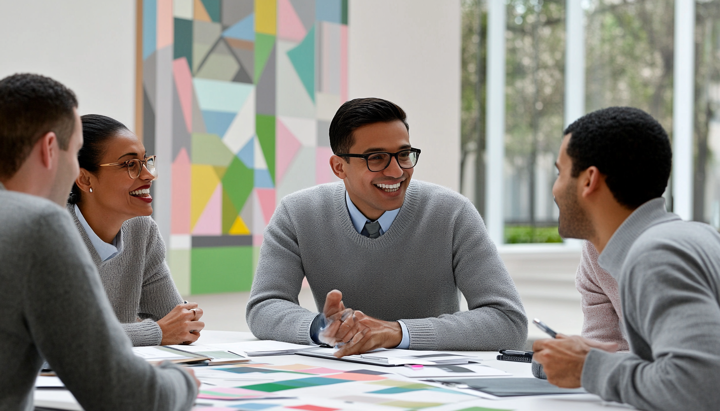 Group meeting with diverse professionals smiling and discussing at a table with colorful charts.
