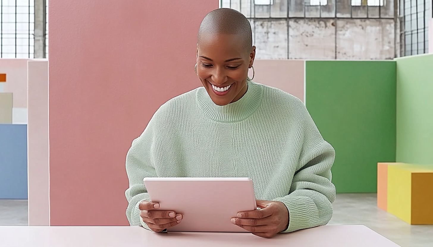 Person smiling while using a tablet in a colorful, modern setting.