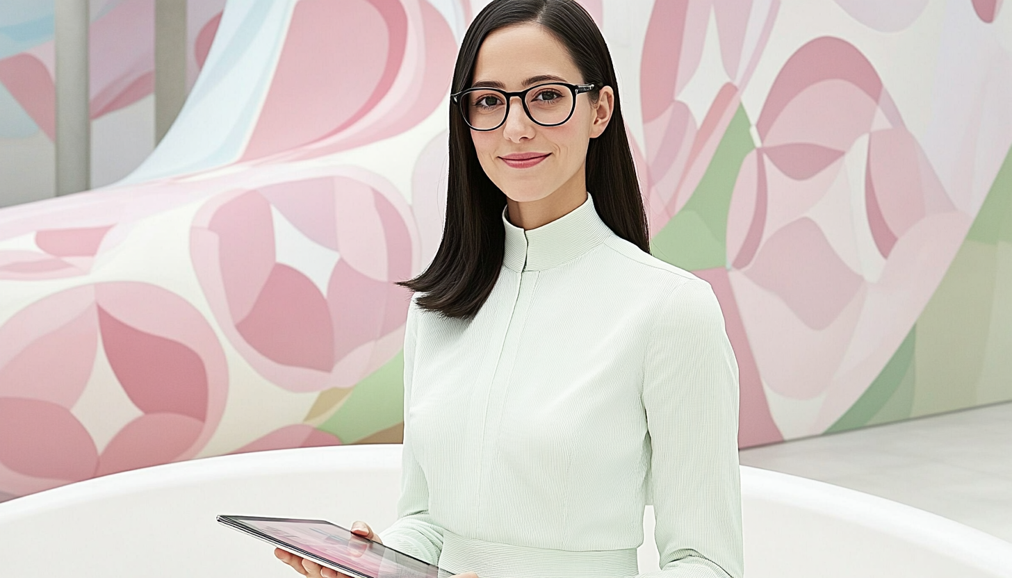 Young woman in glasses holding a tablet, standing in front of a colorful floral art background, smiling confidently.