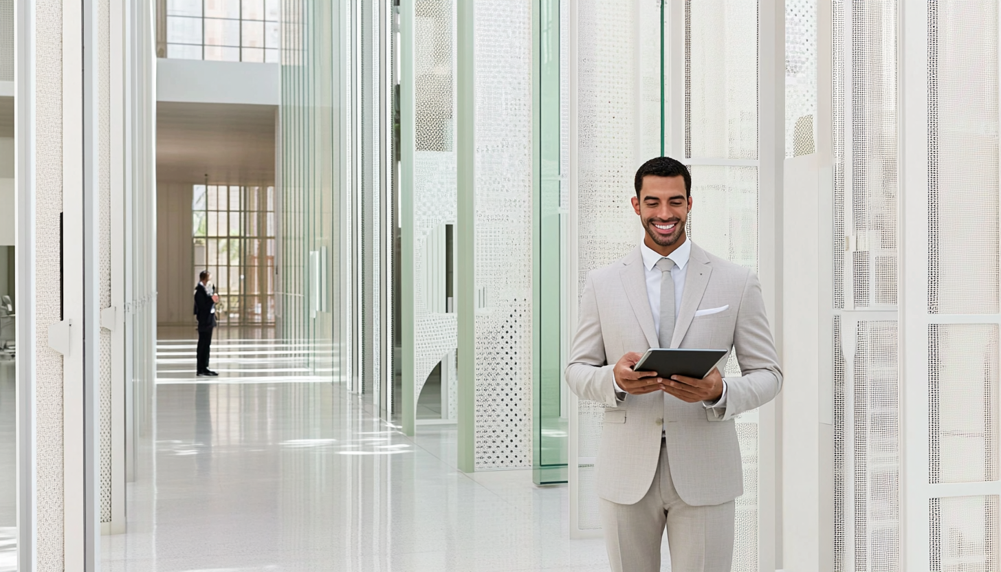 Businessman in modern office hallway using tablet, smiling confidently.
