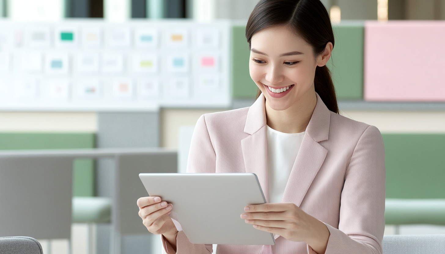Smiling woman in a pink blazer using a tablet in a modern office setting.