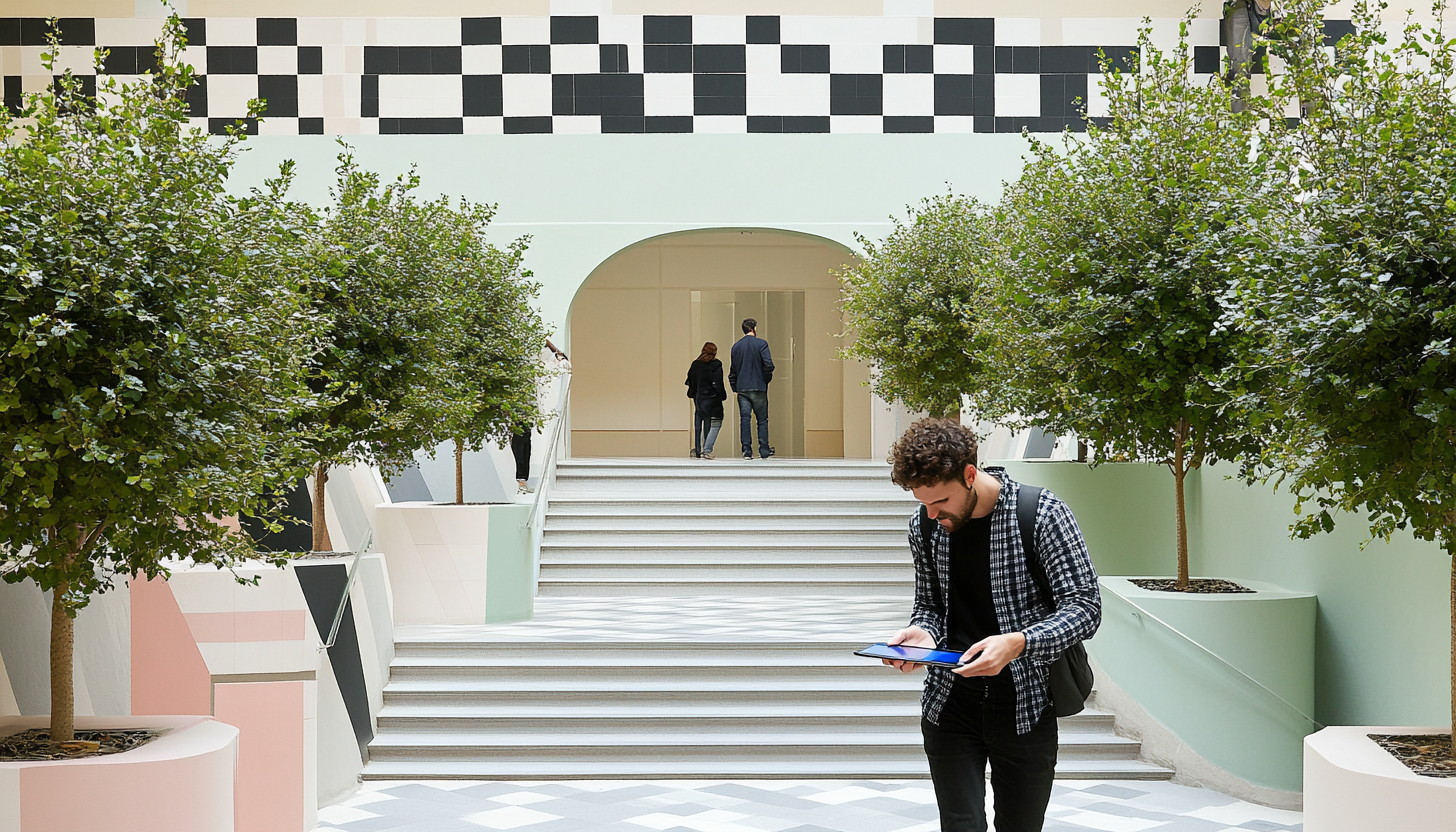 Man reading tablet on colorful architectural staircase with trees.