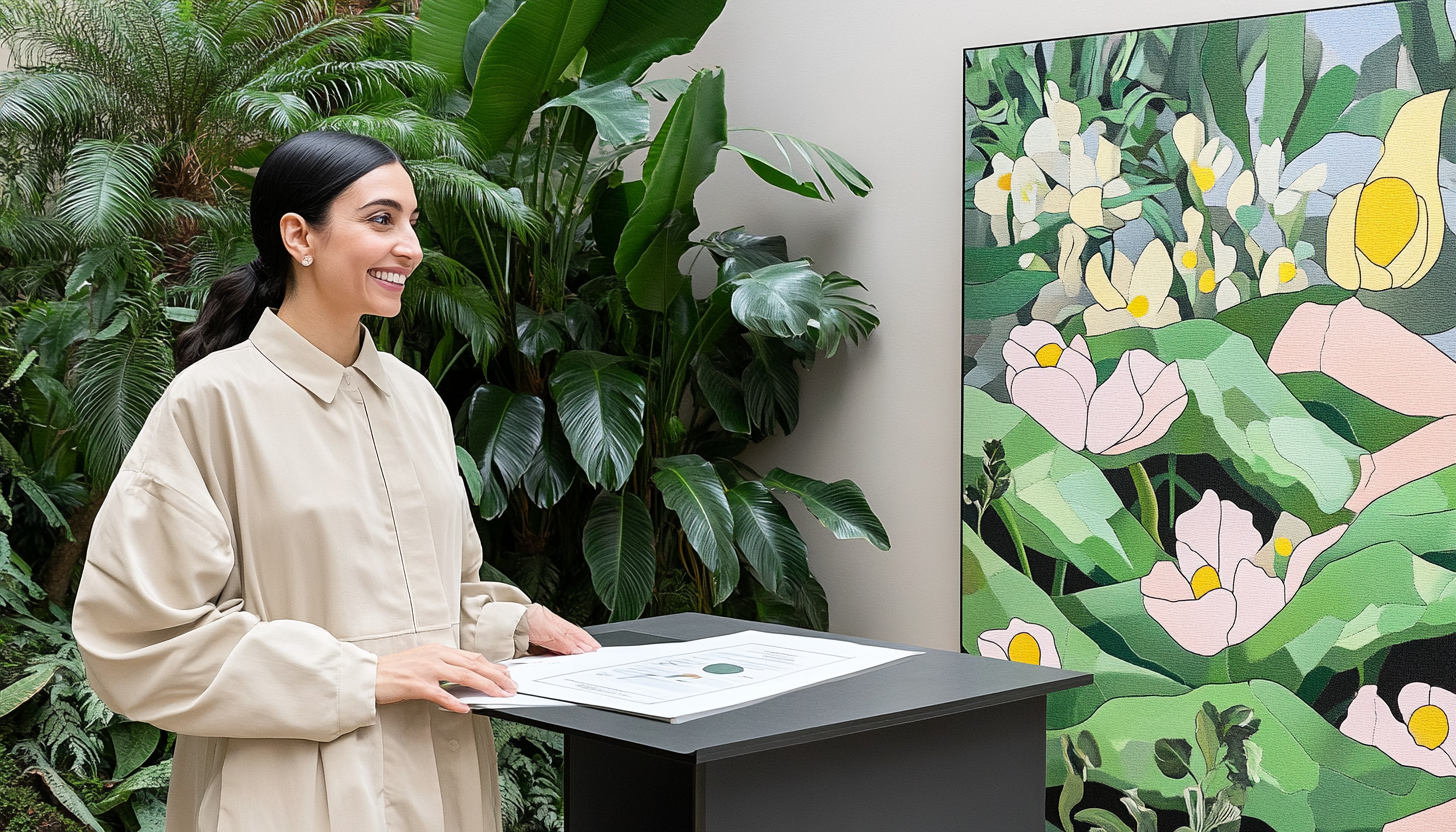 Woman presenting near botanical artwork, surrounded by lush green plants.