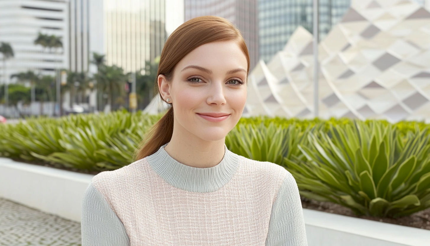 Smiling woman outdoors with modern cityscape and lush greenery background.