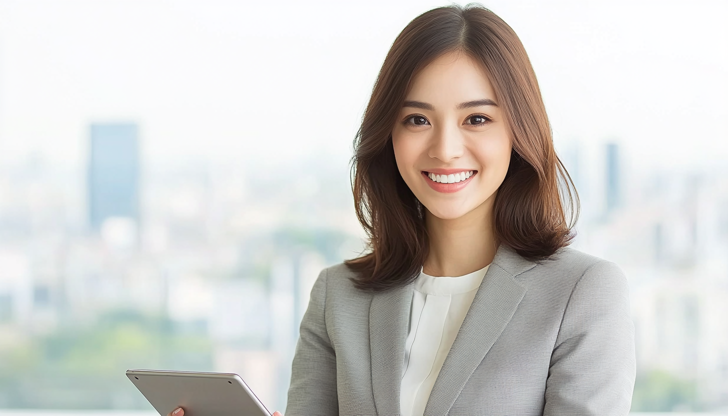 Businesswoman smiling while holding a tablet in a bright office setting.
