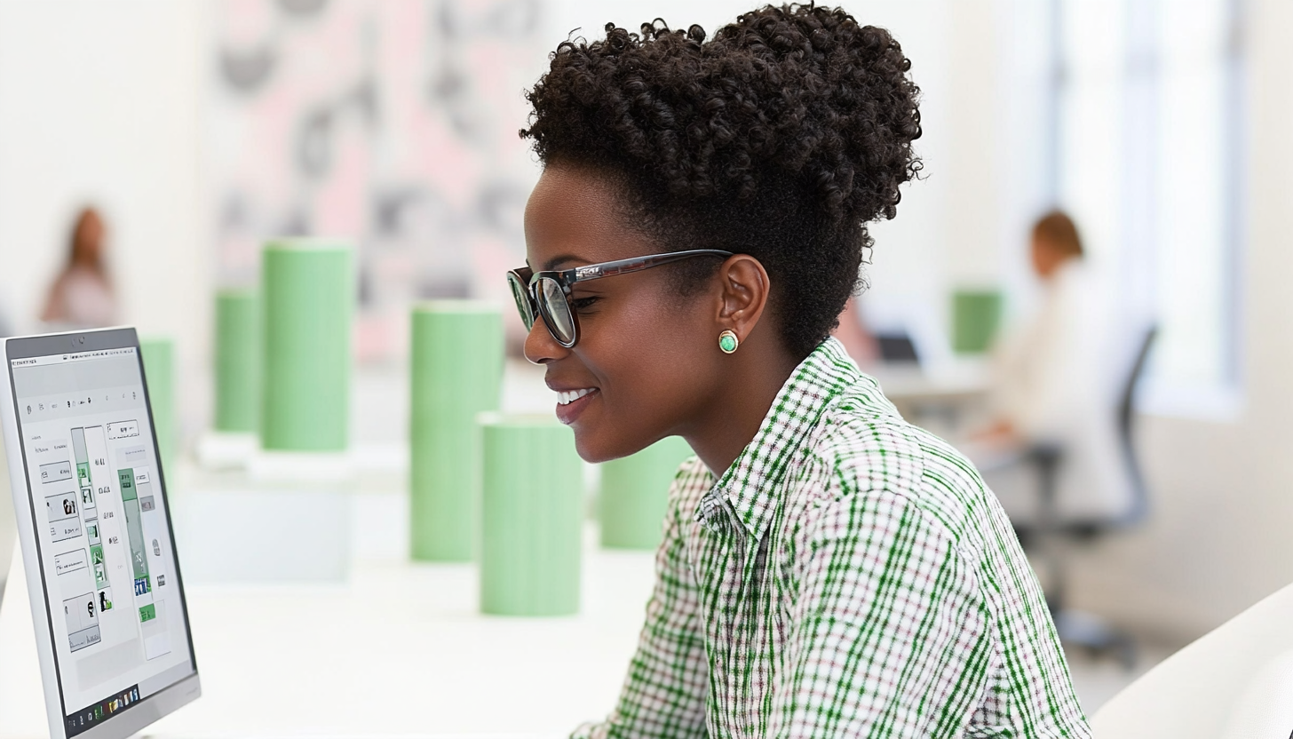 Person in glasses smiling while working on a computer in a modern, bright office space.