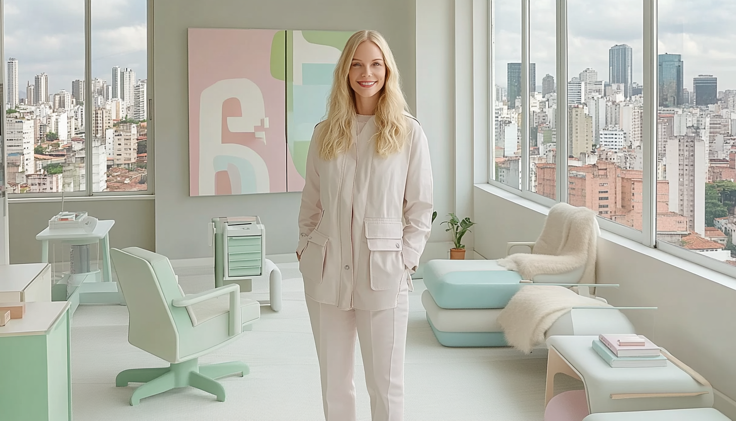 Bright office space with woman in pastel attire, large windows, colorful decor, and city skyline view.