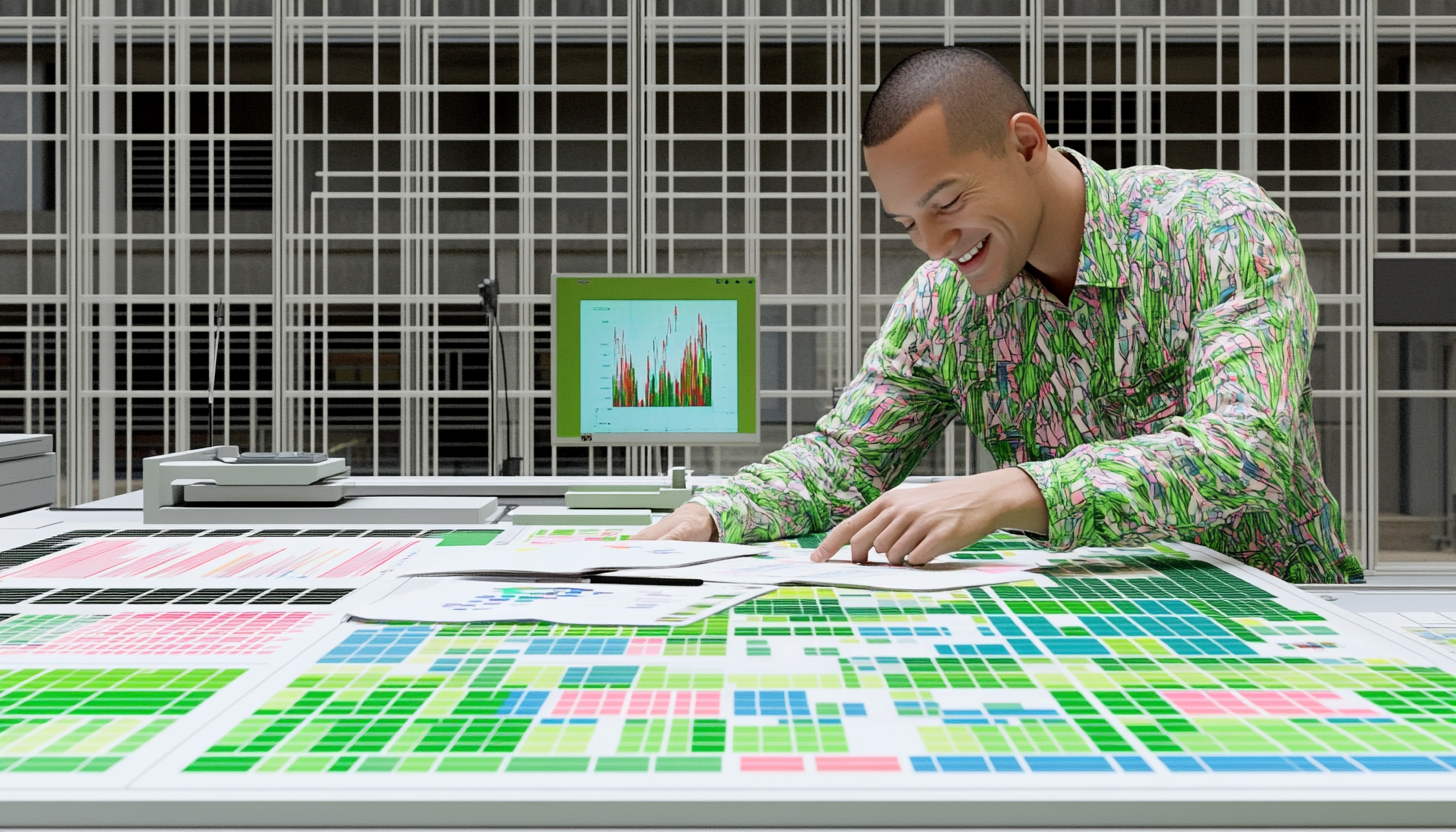 Man analyzing colorful charts and graphs at a desk with a smile, indicating data analysis or market research.