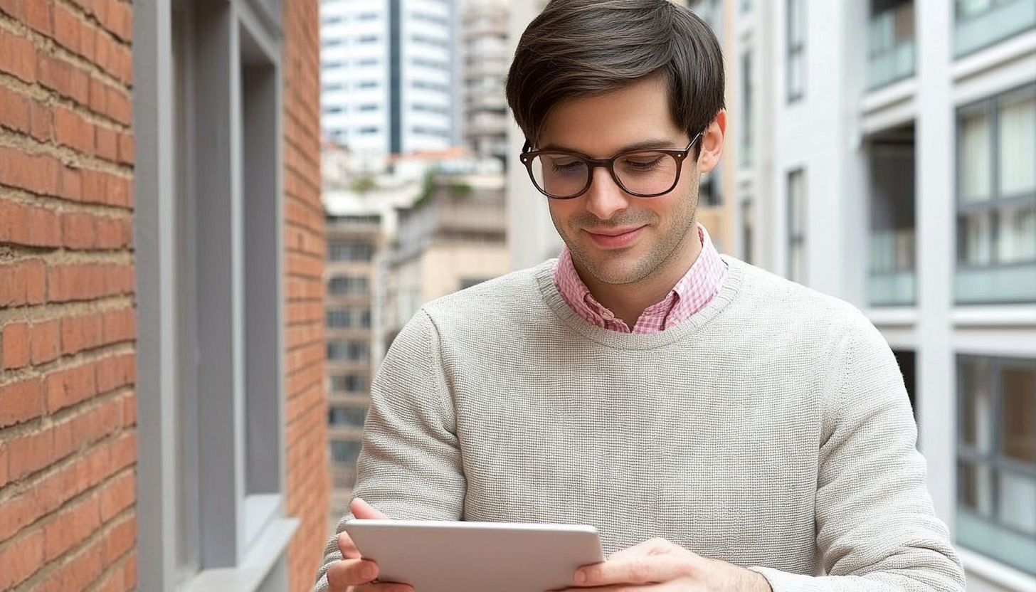 Man with glasses using a tablet on an urban balcony, wearing a casual sweater and shirt.