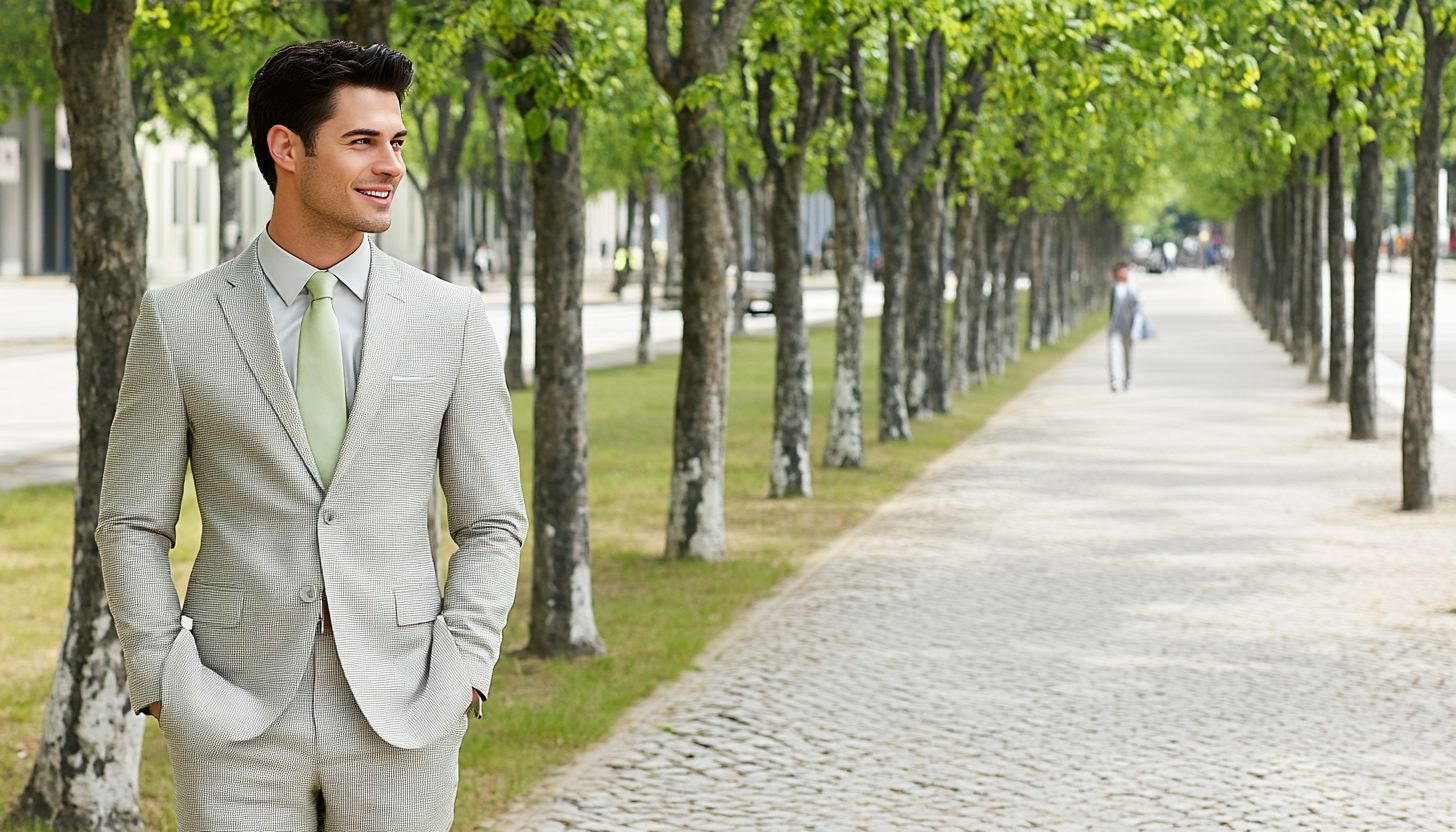 Collage: professionals in meetings, data presentation, business attire in park, modern office space with artwork.