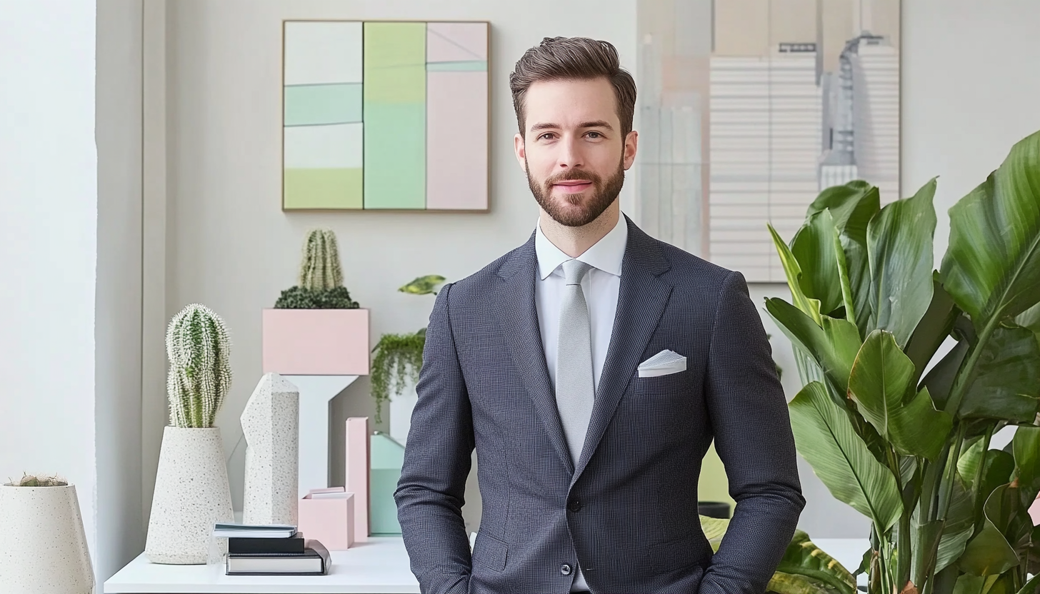 Collage of professionals: analyzing data, using phone, posing in suit, and smiling in a modern office environment.