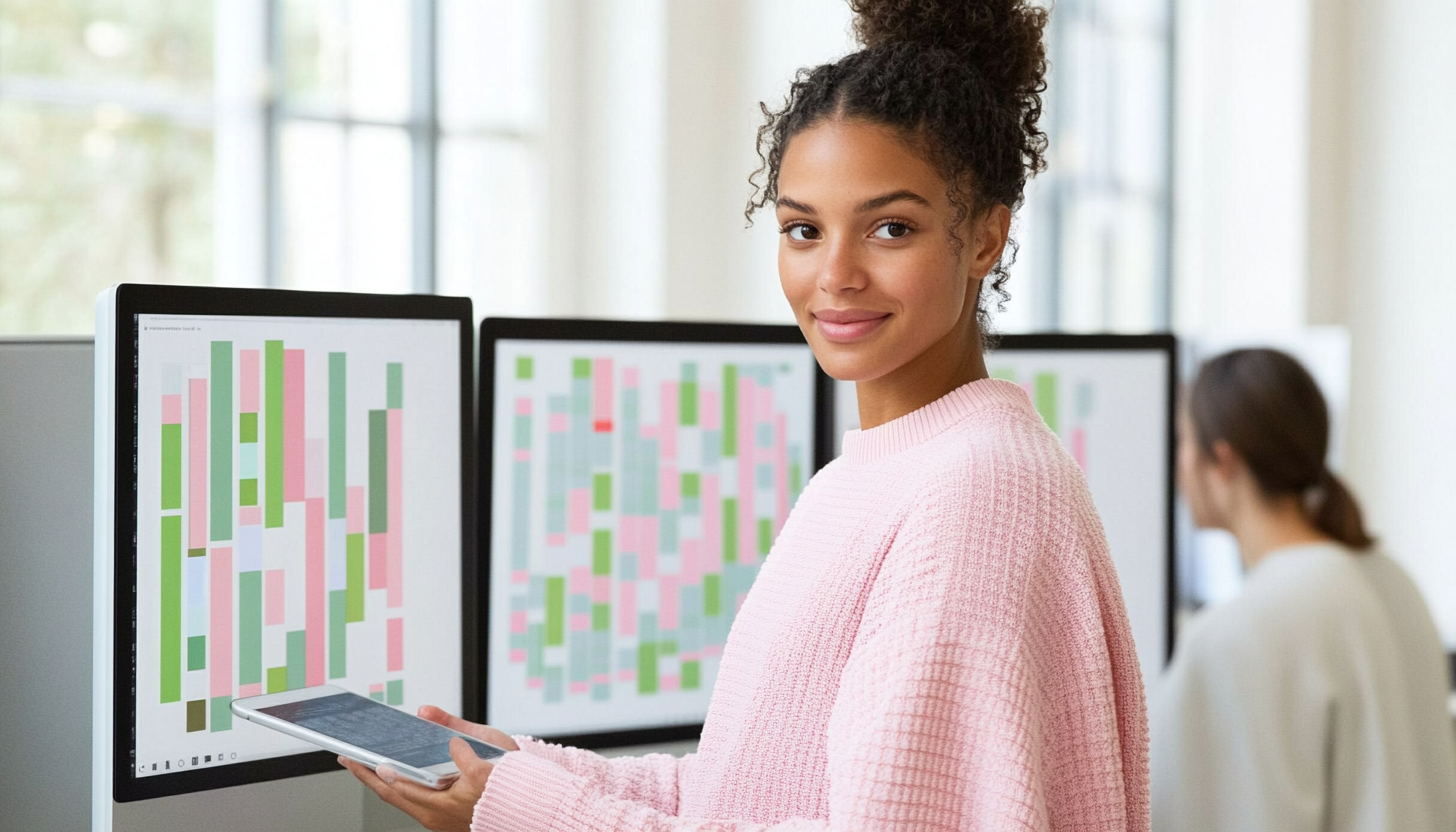 Collage of women in technology and art, with digital designs and modern office settings.