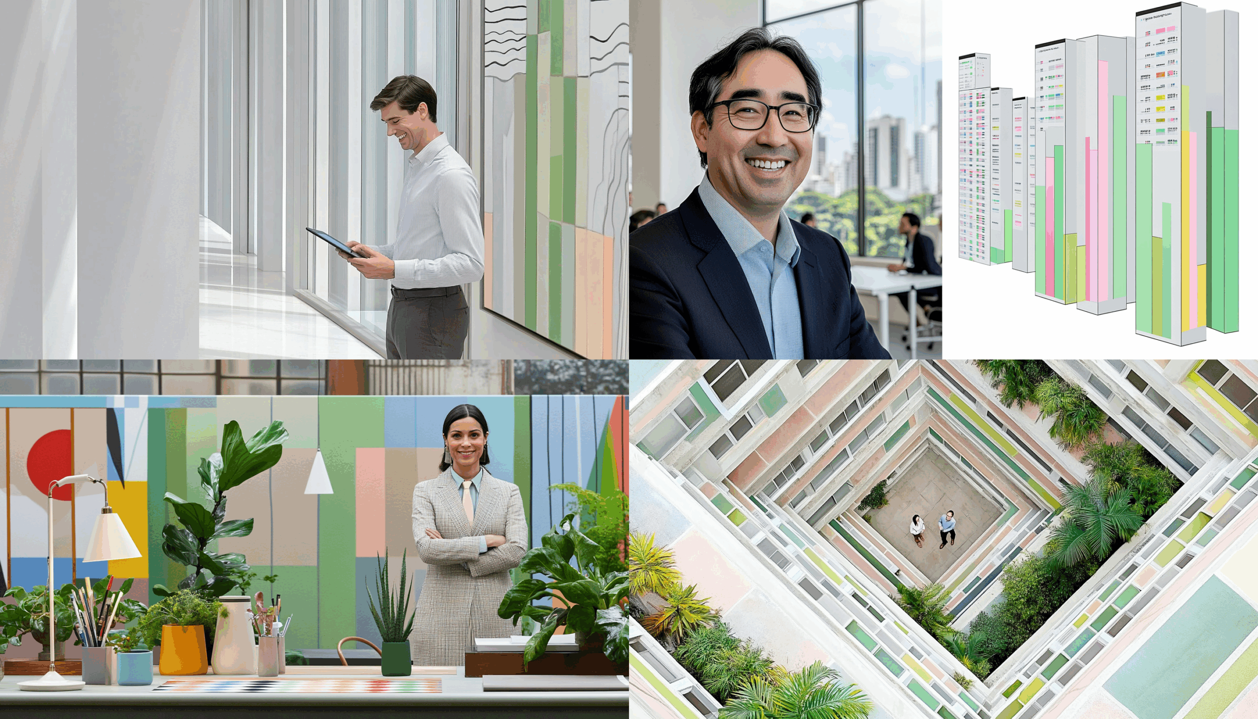 Diverse scenes of people, furniture, and city skyline, with a futuristic twist, suggest innovation and urban lifestyle.