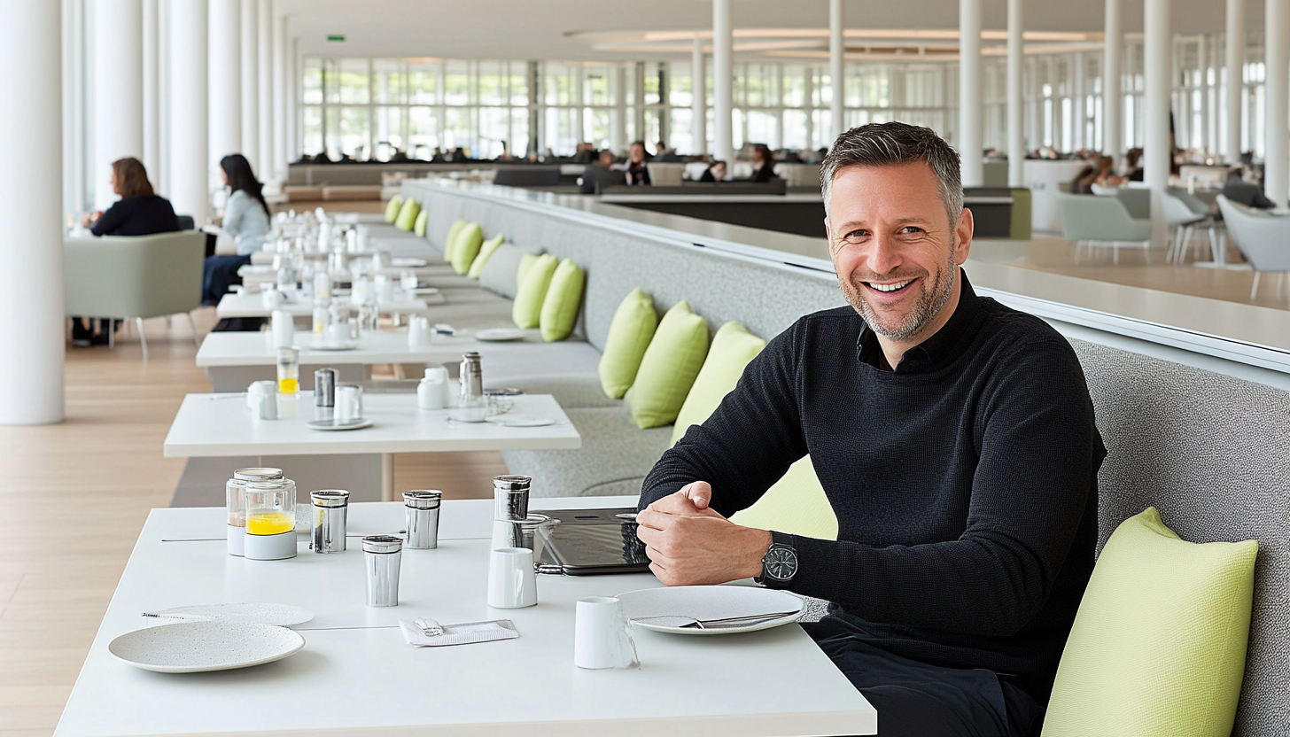 Modern office scenes with people interacting and a smiling man at a restaurant table, showcasing architecture and design.