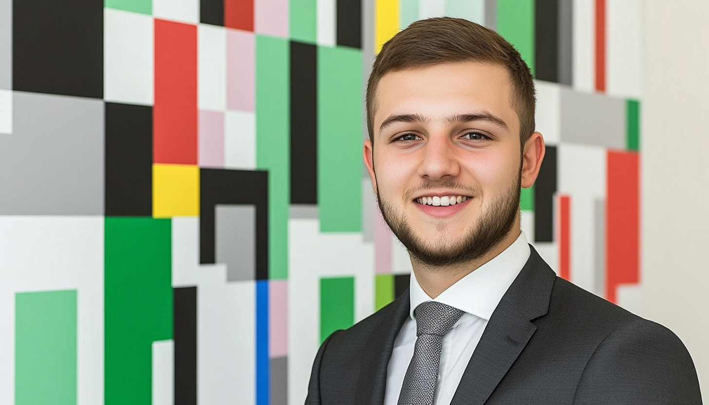 Professional individuals in modern office environments with vibrant artwork and lush indoor plants.