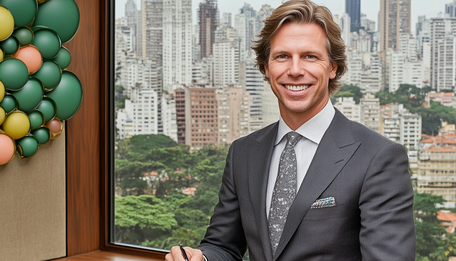 Modern office scenes: architecture, professionals with charts, handshake with flowers, executive with city view.