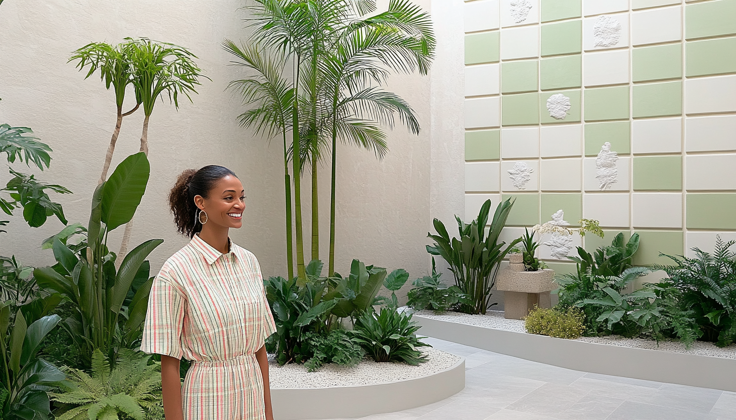 Collage of people in various settings, featuring gardens, buildings, and offices with a modern, minimalist design.