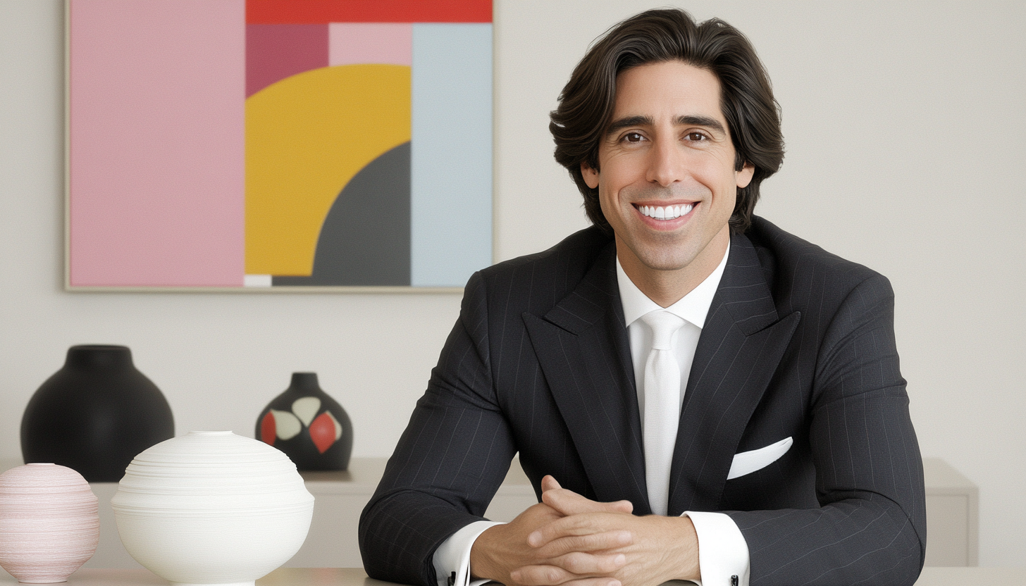 Collage of professionals: men in suits walking, seated in discussion, woman typing on laptop, man smiling at desk.