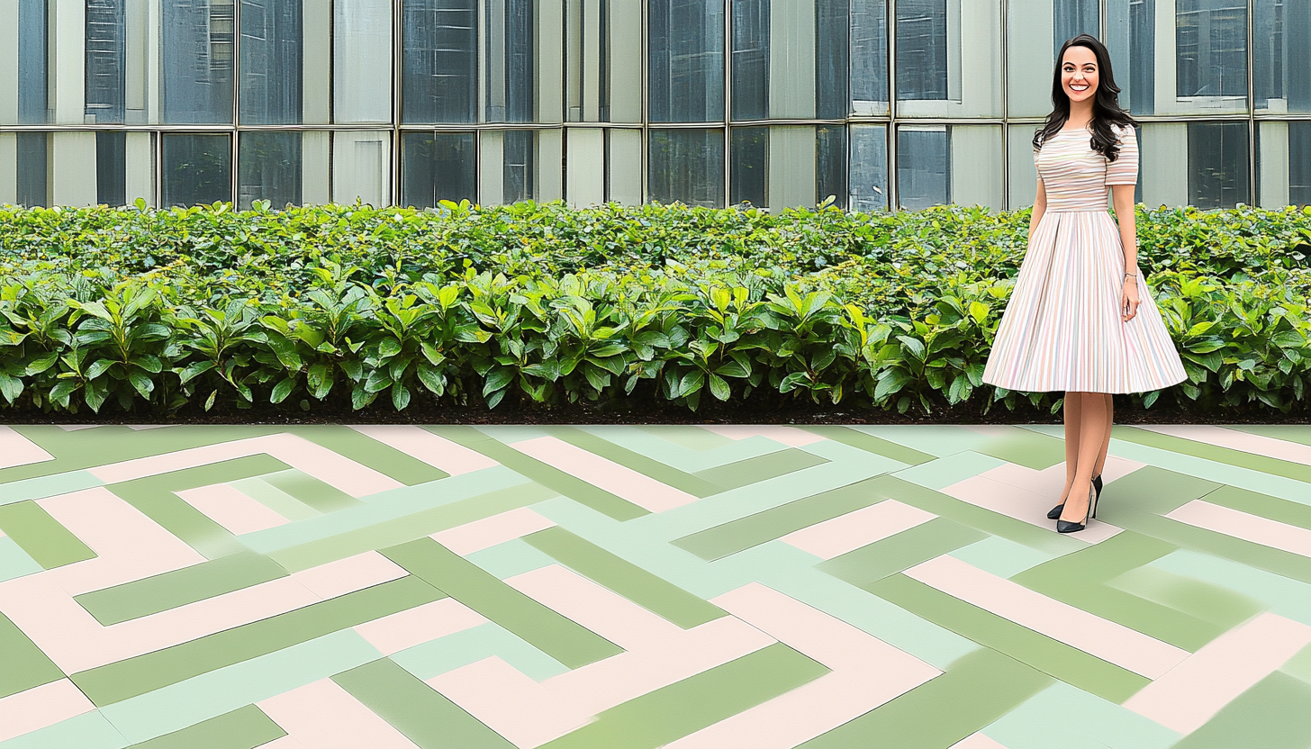 Collage of businesswoman smiling, modern glass architecture, outdoor garden scene, and office data analysis on monitor.