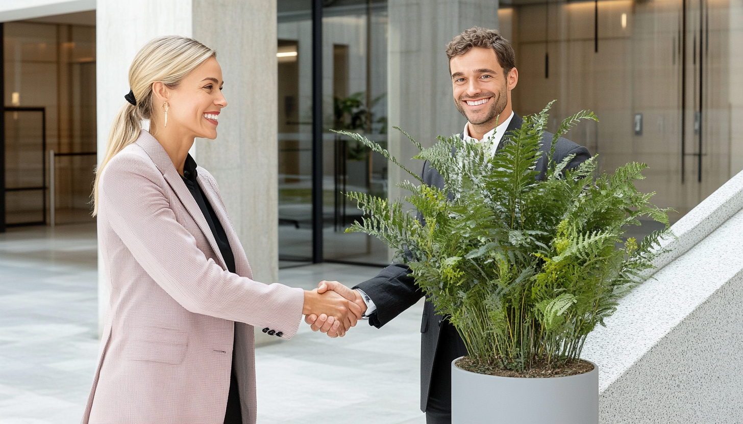 Business professionals in office settings: meeting, analyzing charts, and standing in lobby areas with modern furniture.