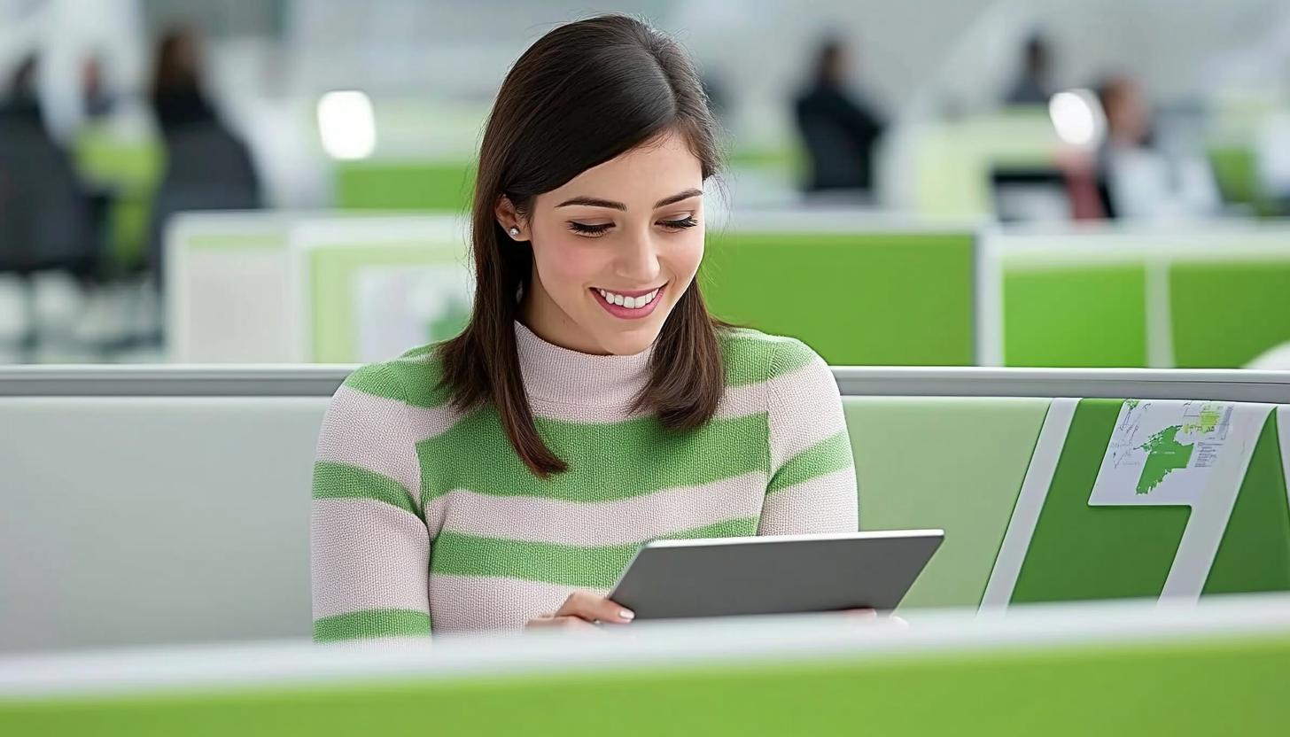 Business professionals and vibrant office scenes with city views and modern interiors.