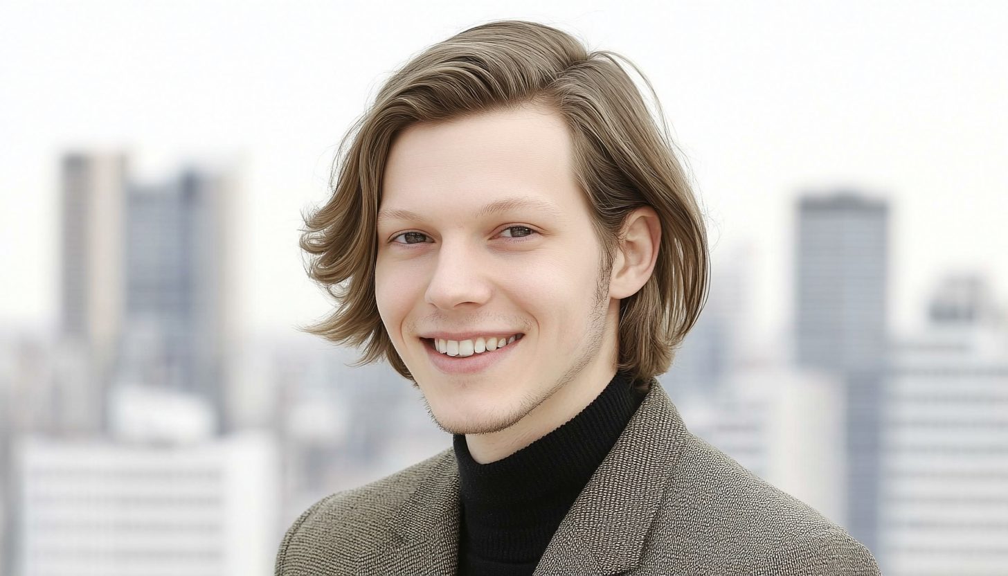 Collage: Outdoor café, smiling man, woman by pink flowers, and modern computer setup on green background.