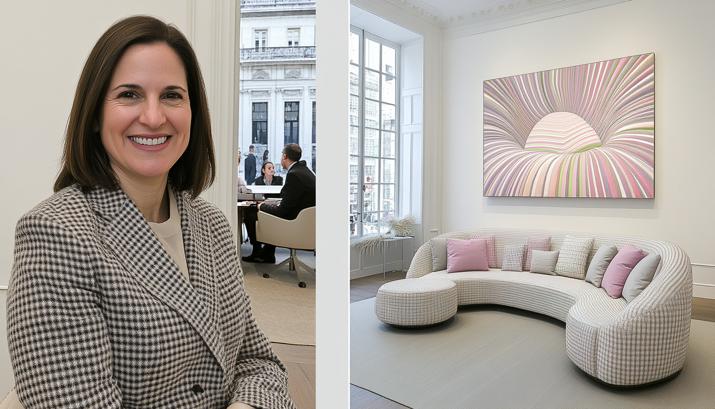 Collage of business professionals, modern architecture, a stylish room, and a cityscape for a design-focused article.