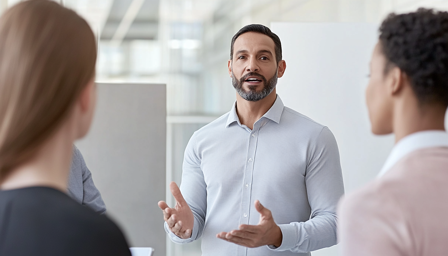 Business team collaborating in a modern office setting, with diverse professionals engaging in discussion and work.