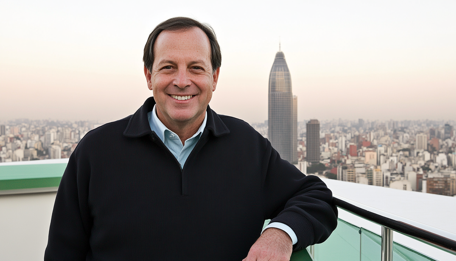 People in business attire engaging on a rooftop with city views, plants, and smiles, creating a vibrant, professional ambiance.