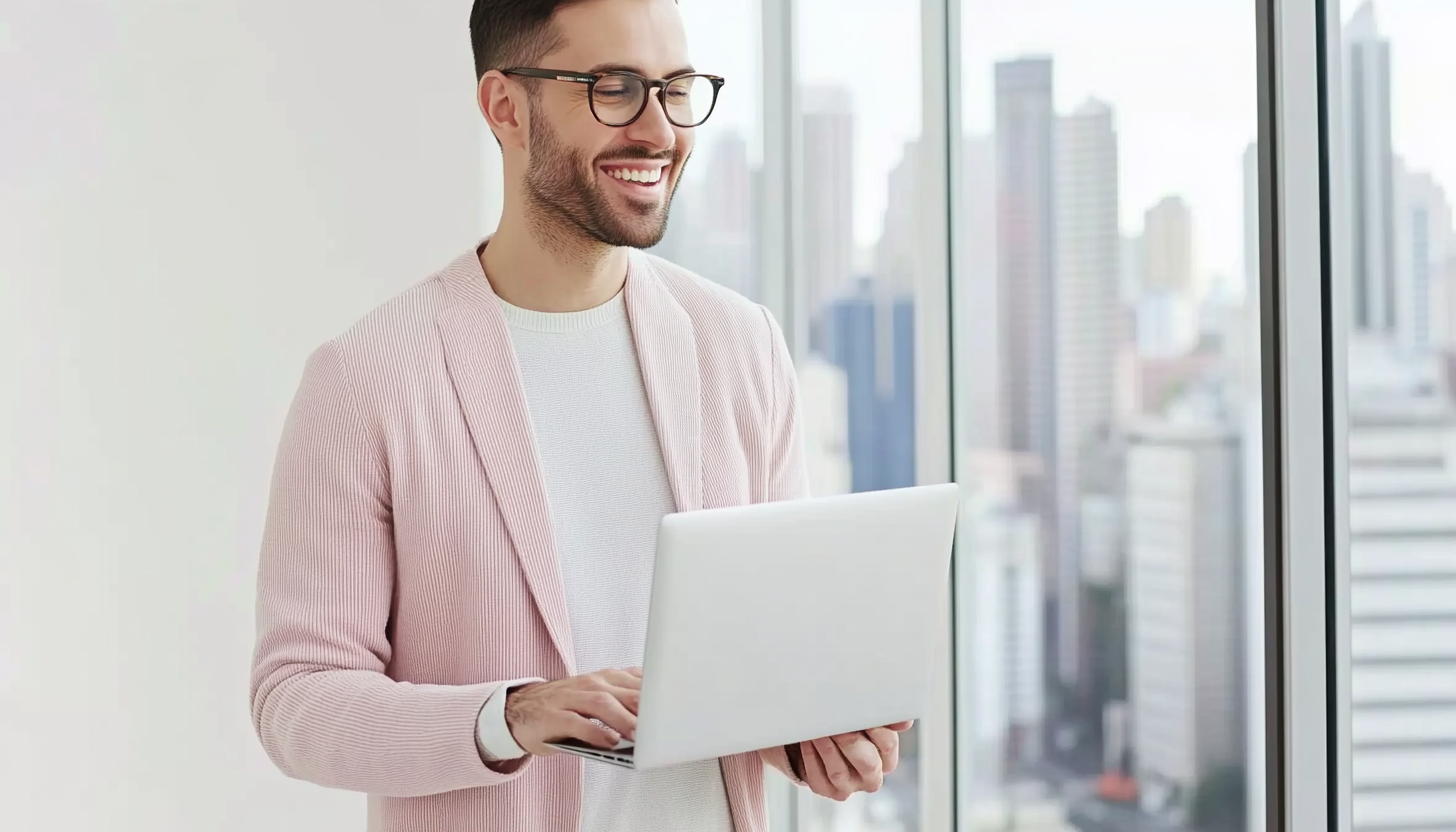 People in modern offices with city views, using laptops, smiling, showcasing urban work environments.