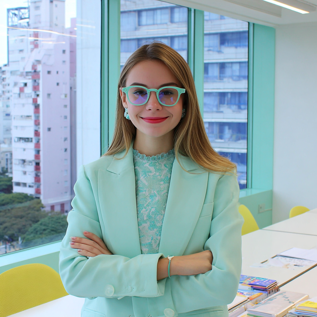Smiling businesswomen in modern, colorful office with city views, exuding confidence and professionalism.
