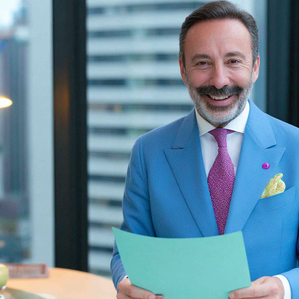 Professionals in blue suits in an office setting with colorful folders and city views.