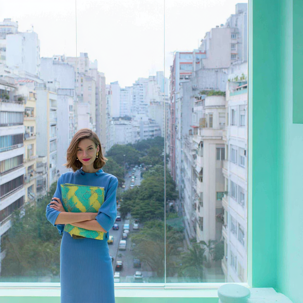 Office views featuring diverse professionals and vibrant colors against a cityscape backdrop.