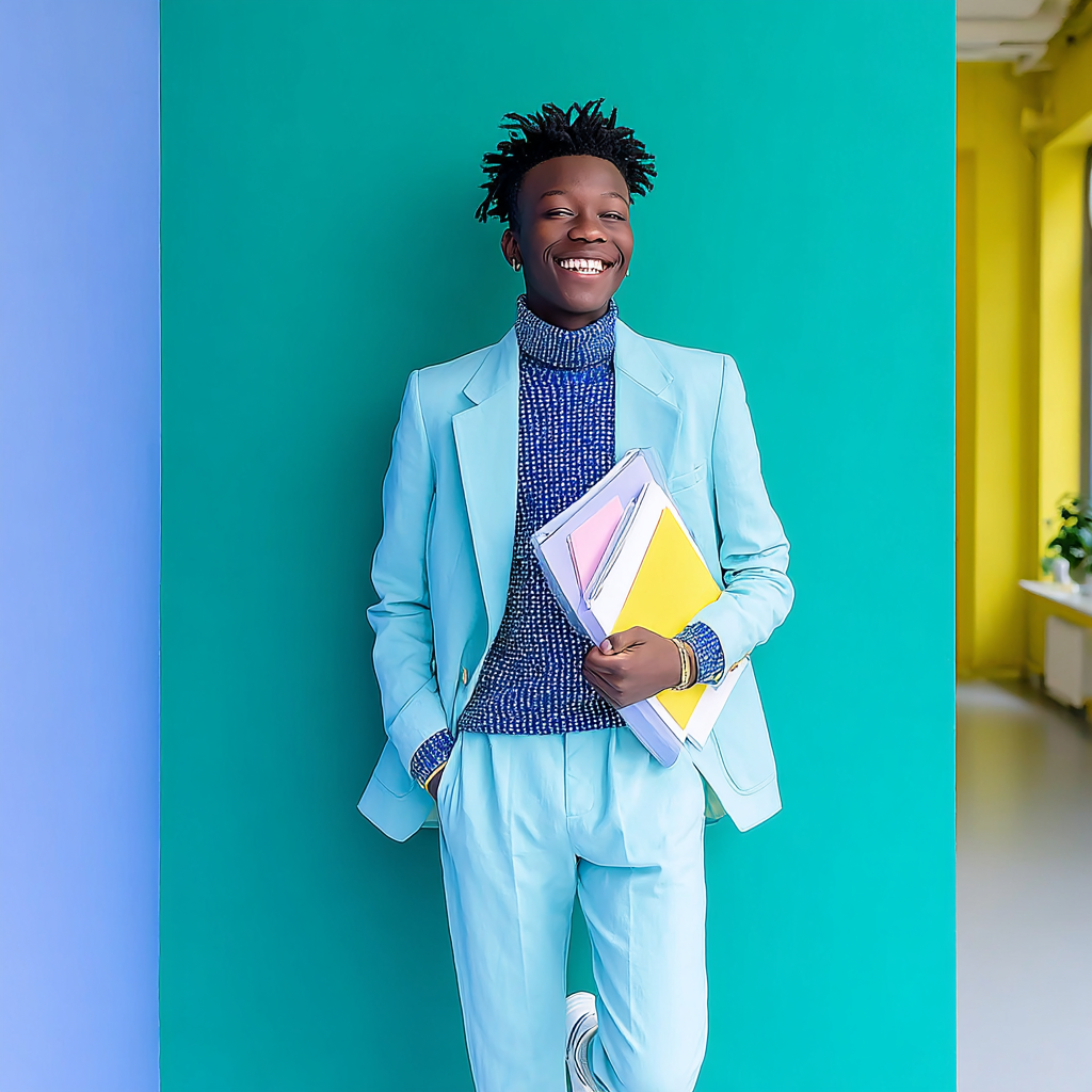 Four stylish individuals in colorful suits holding folders against vibrant backgrounds.