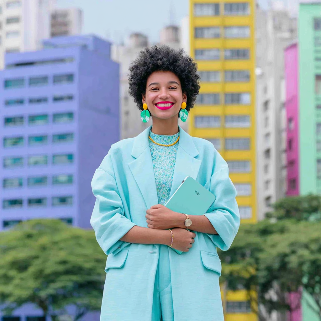Women in blue outfits holding tablets in urban settings, surrounded by colorful buildings and cityscapes.