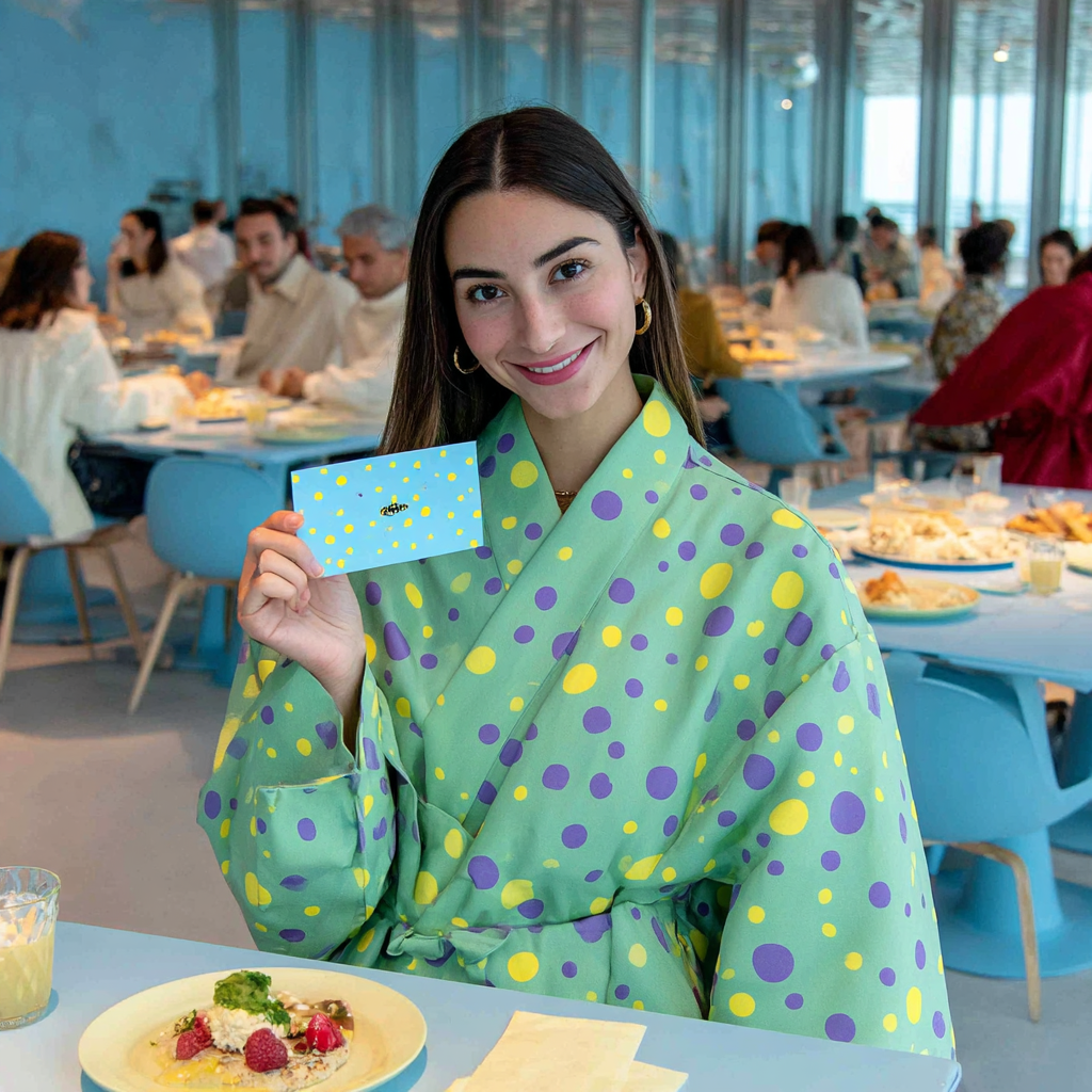 Four stylish individuals in colorful outfits at an event with cityscape views.