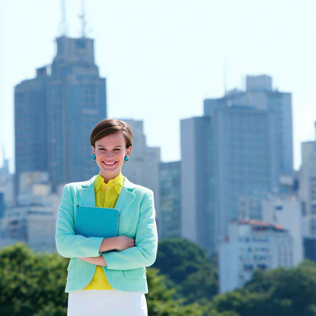 Four women in stylish pastel outfits, smiling in urban settings with cityscapes in the background.