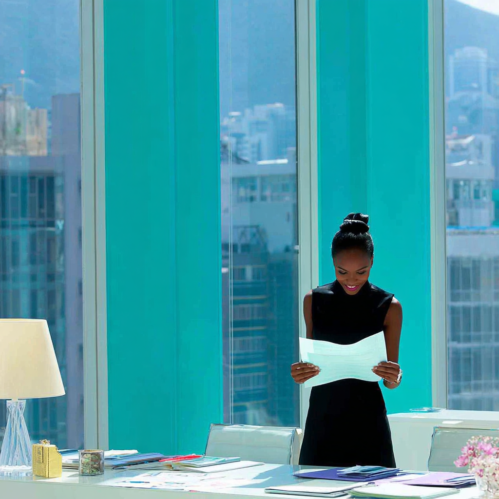 Women in a vibrant office setting, reading documents with city views through large windows.