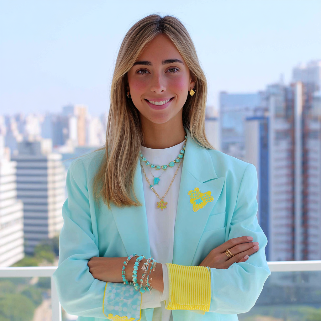 Four women in stylish pastel outfits in an office setting, with cityscape views in the background.