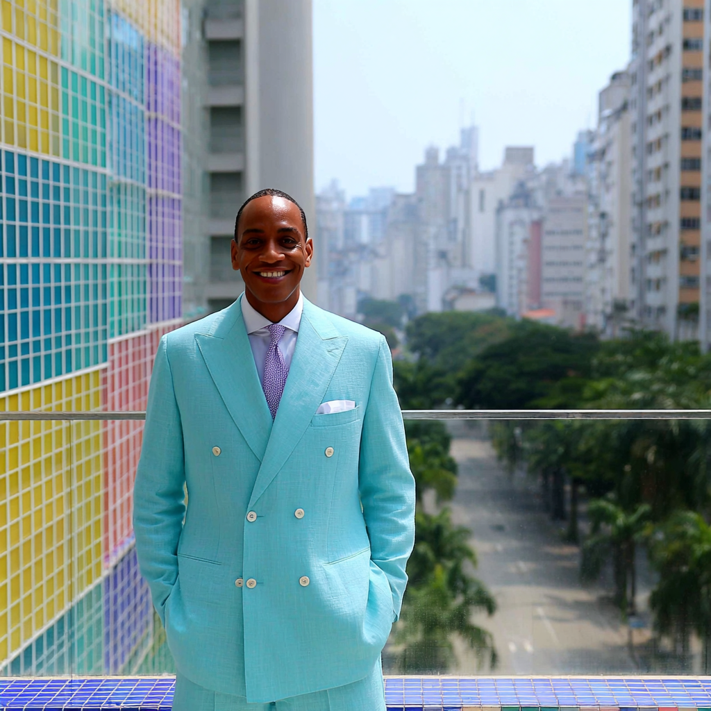 Men in colorful suits with city views, showcasing modern style against an urban backdrop.