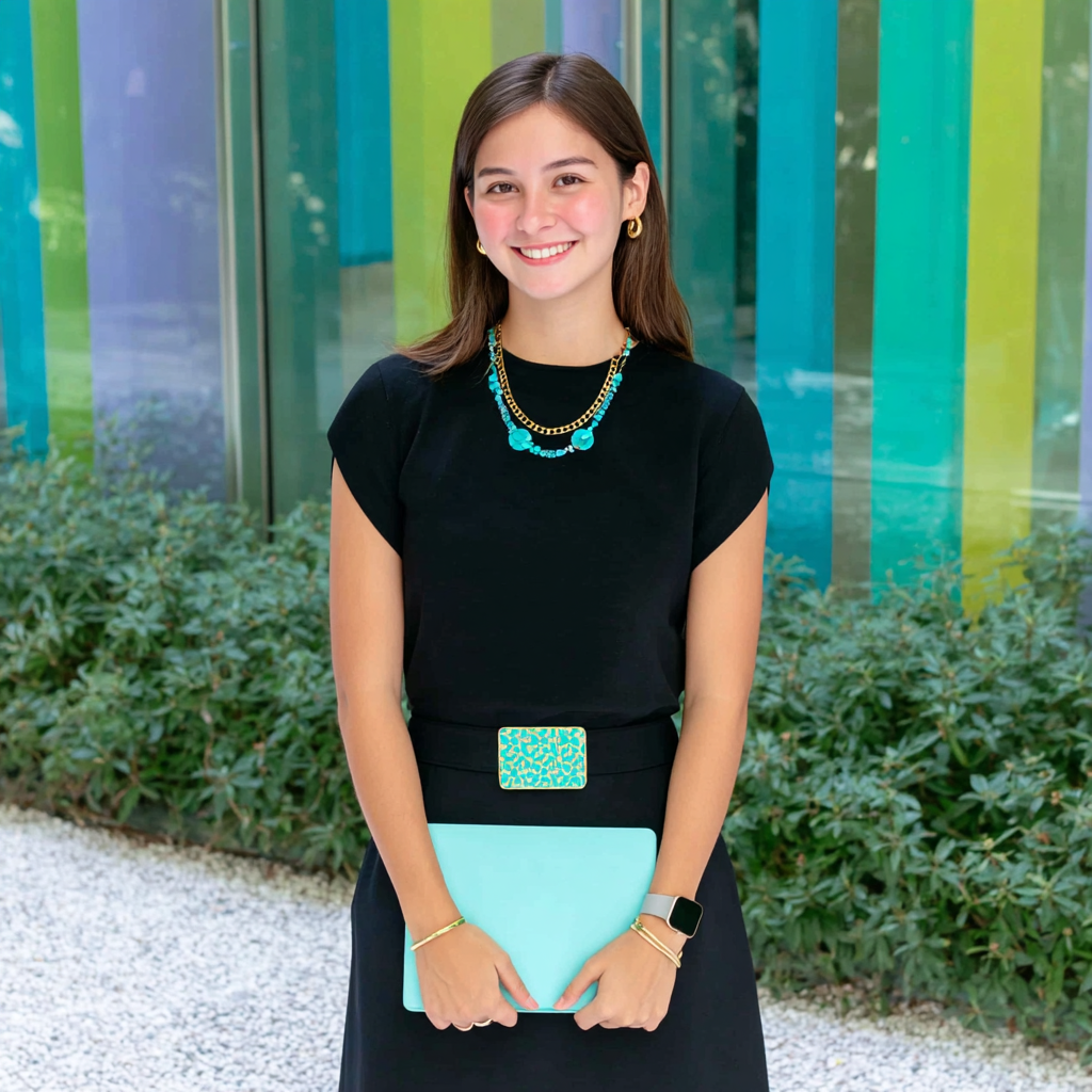 Women in stylish outfits holding colorful folders, standing outside modern, vibrant architectural buildings.