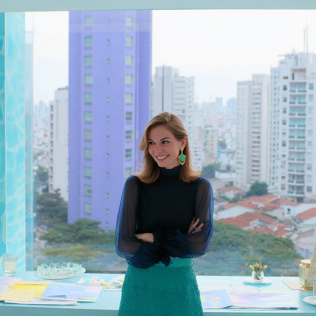 Women in modern office with colorful backgrounds and cityscape views, displaying confidence and style.